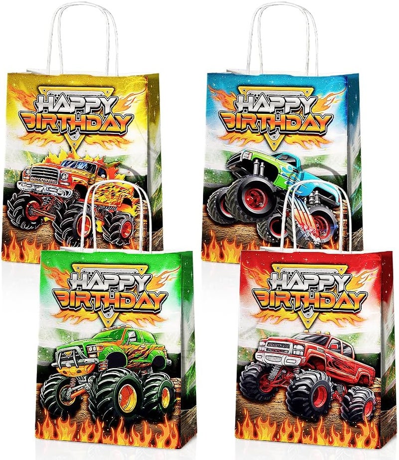 JOYGATHER 24 Pcs Monster-Truck Party Favor Bags with Handles - Racing Truck Goodie Bags Gift Bags. Checkered Theme Candy Bags for Kids, Kraft Paper Bags for Birthday Party Supplies Decorations - Image 1